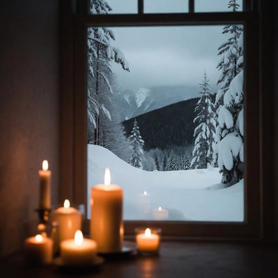 Snowy Mountains Through Window with Candles