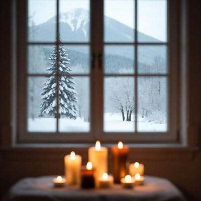 Candles by Window with Snowy Mountain View