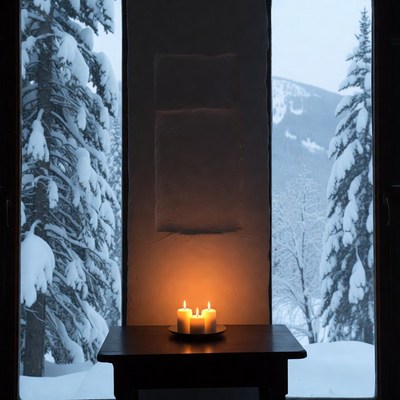 Candles on table with snowy mountain view