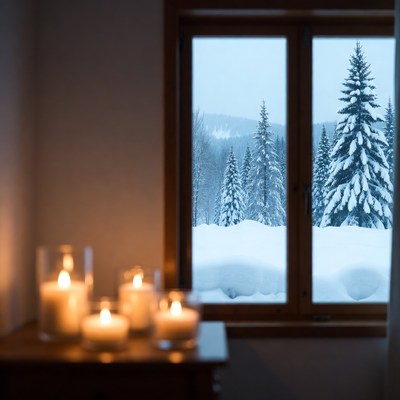 Snowy Pine Forest Window with Candles