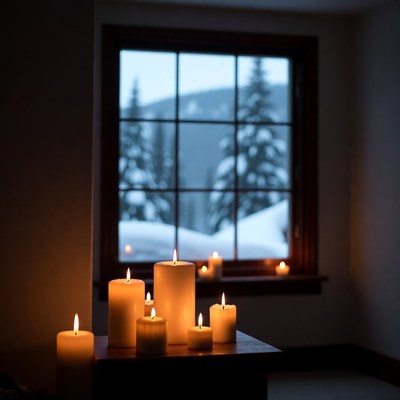 Candles by snowy window