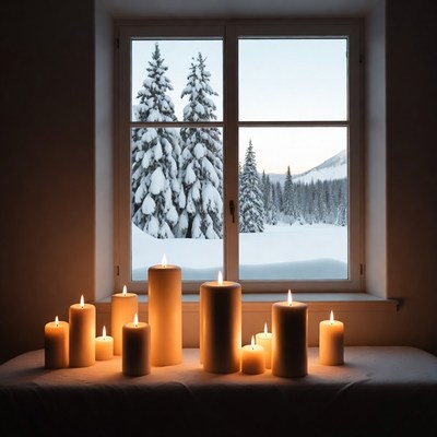 Candles by window with snowy mountain view
