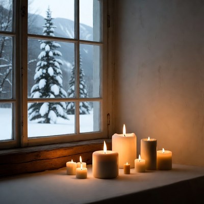 Candles on windowsill with snowy mountains