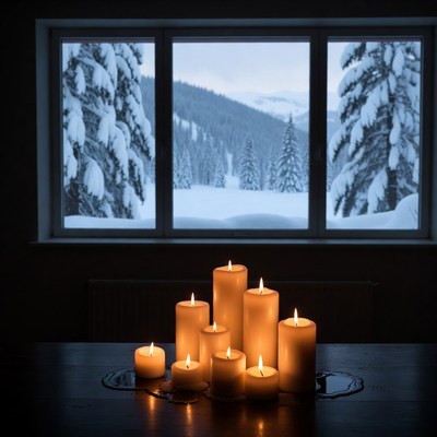 Candles by snowy mountain window