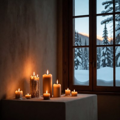 Candles on table by snowy window