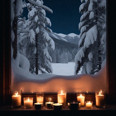 Snowy Mountain View Through Window with Candles