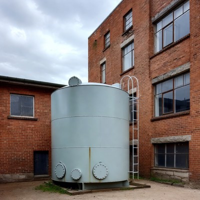 Gray Water Tank Against Brick Factory