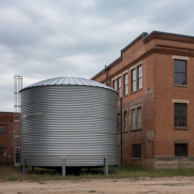 Silver Grain Silo Next to Brick Building