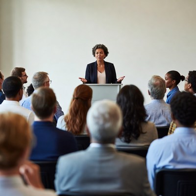 Woman speaking at podium to audience