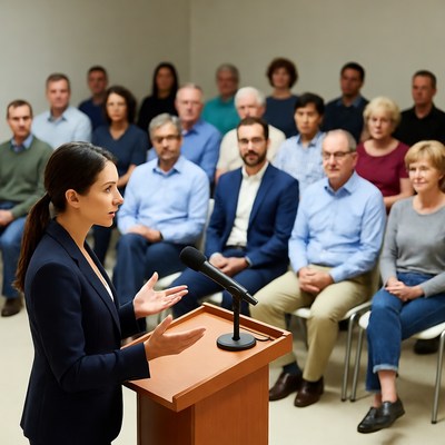 Woman speaking at podium to audience
