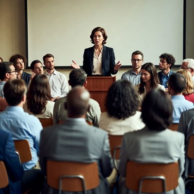 Woman presenting to diverse business meeting