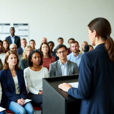 Woman speaking at business conference podium