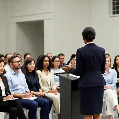 Black woman speaking at podium