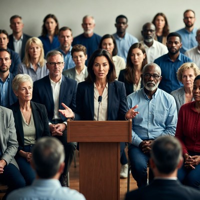 Woman speaking at podium to diverse audience