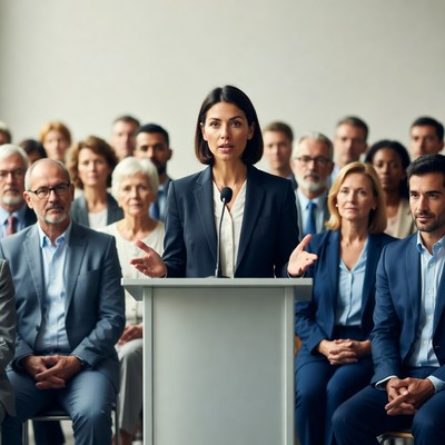 Woman speaking at podium to audience
