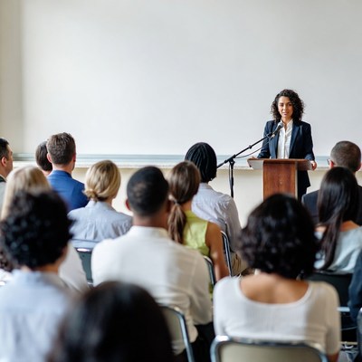 Woman speaking at podium to audience
