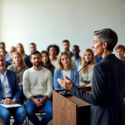 Woman speaking at podium to audience
