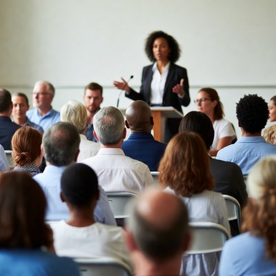 African-American woman speaking at podium