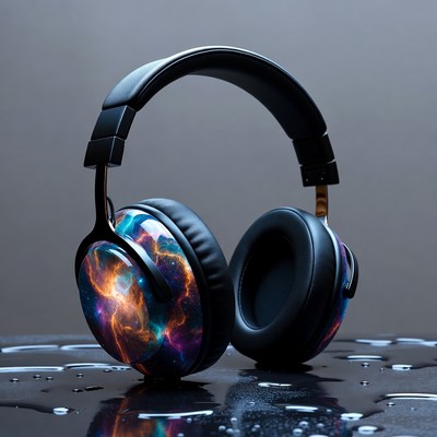 Galaxy Nebula Wireless Headphones on Wet Surface