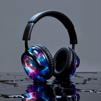 Galaxy Nebula Wireless Headphones on Wet Surface