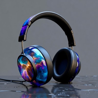 Galaxy Nebula Headphones on Wet Surface