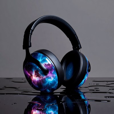 Galaxy Nebula Wireless Headphones on Wet Surface