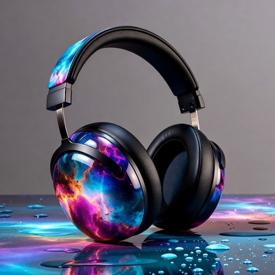 Galaxy Nebula Wireless Headphones on Wet Surface