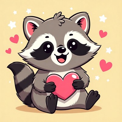 Cute raccoon holding pink heart