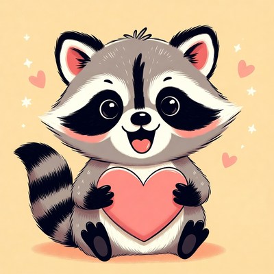 Cute raccoon holding heart