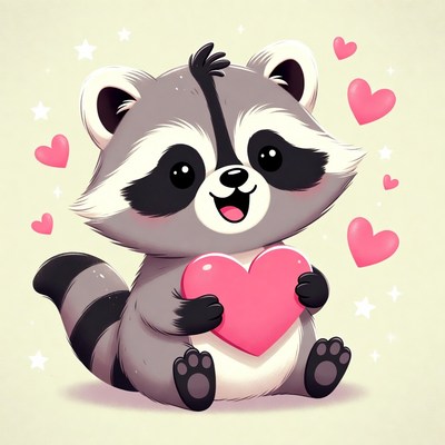 Cute raccoon holding pink heart
