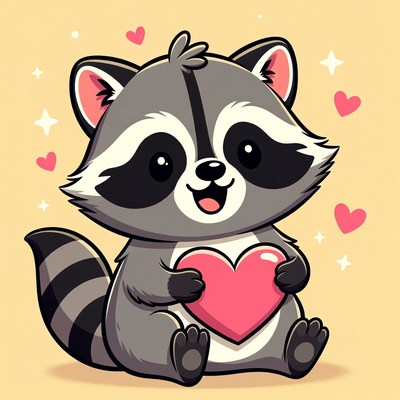 Cute raccoon holding pink heart