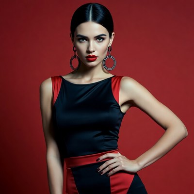 Woman in black red dress with hoop earrings