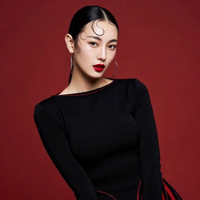 Asian woman in black dress on red background