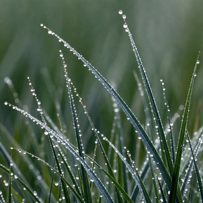 Dew drops on green grass blades