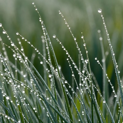 Dew drops on green grass blades