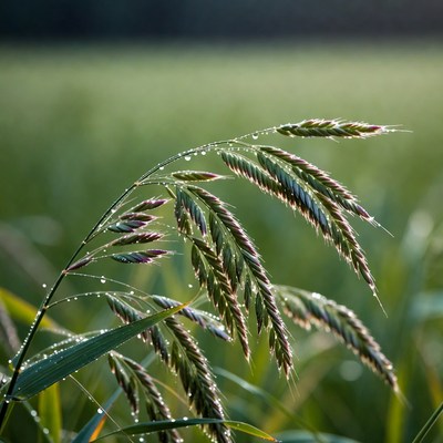 Dew-covered wheat stalks in field