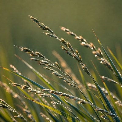 Dew-covered grass blades in field