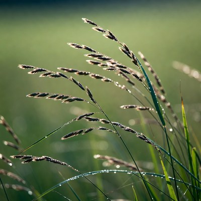 Dew-covered grass blades in field