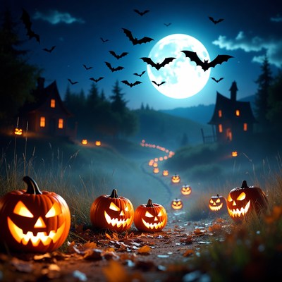 Halloween Pumpkins Path Moonlit Forest