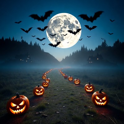 Halloween Path of Jack-o-Lanterns Under Moon