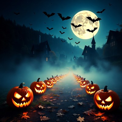 Halloween Pumpkins Leading to Haunted Castle