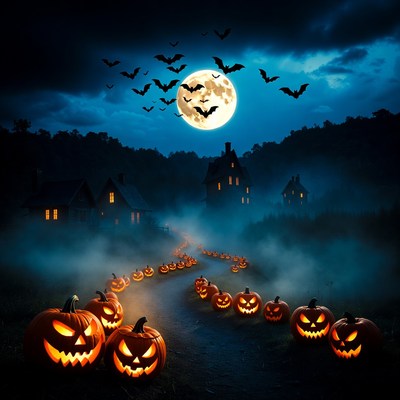 Halloween Path of Jack-o-Lanterns Under Moon