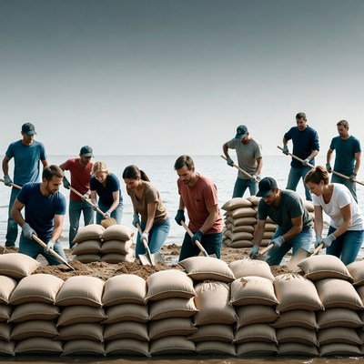 Volunteers Filling Sandbags Beach Flood