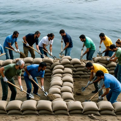Group building sandbag wall by lake