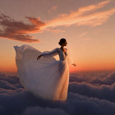 Woman in white dress floating above clouds