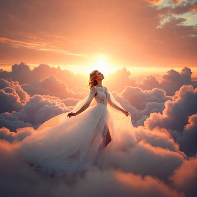 Blonde woman in white gown among sunset clouds