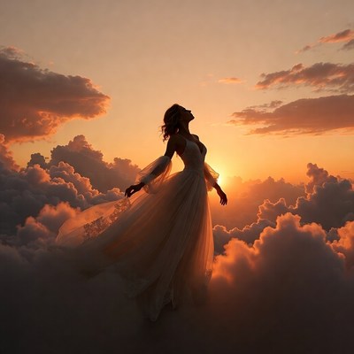Woman in flowing gown silhouette sunset clouds