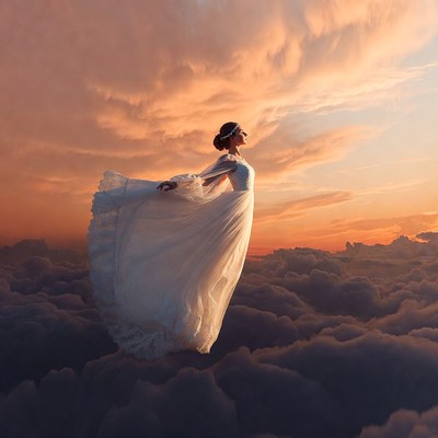 Woman in white dress flying over clouds