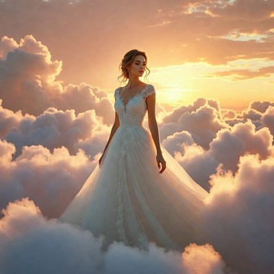 Woman in white wedding dress among clouds