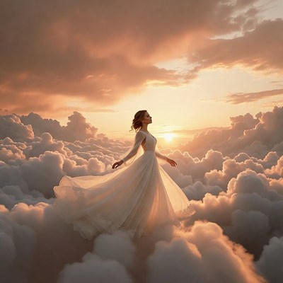 Woman in white gown among clouds
